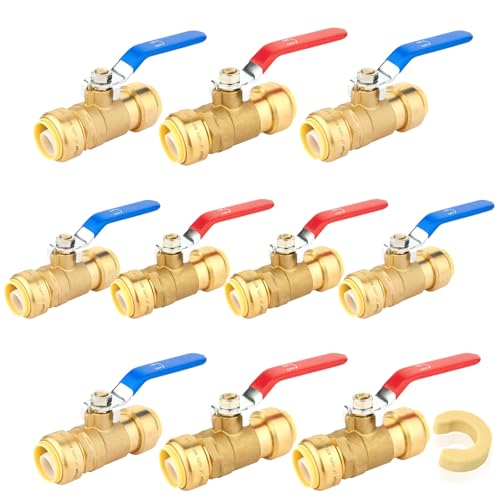 Bleifreier Messing-Kugelhahn mit Steckverbindung – 1/2 Zoll und 3/4 Zoll – Werkzeuglose Absperrung for PEX/CPVC/Kupfer – Zertifiziert(1Inch 10Pack) von QNZTUZLON