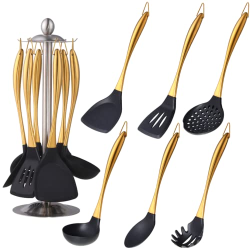 Silikon Kochutensilien Set, 7 Stück Silikon Kochutensilien Set, Antihaft Küche Kochgeschirr Titan Edelstahl Griff mit Utensilienhalter, Spatel Set zum Kochen-Gold von QOBIMOON