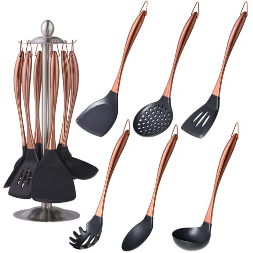 Silikon Kochutensilien Set, 7 Stück Silikon Kochutensilien Set, Antihaft Küche Kochgeschirr Titan Edelstahl Griff mit Utensilienhalter, Spatel Set zum Kochen - Roségold von QOBIMOON