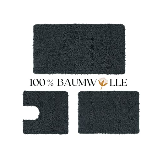 QOENIQ 3 teiliges 100% Baumwolle Badematte 120, 80 und 50 cm Badvorleger Badteppich rutschfest (Anthrazit) von QOENIQ