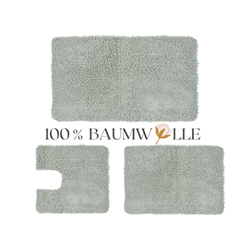 QOENIQ 3 teiliges 100% Baumwolle Badematte 120, 80 und 50 cm Badvorleger Badteppich rutschfest (Grau) von QOENIQ