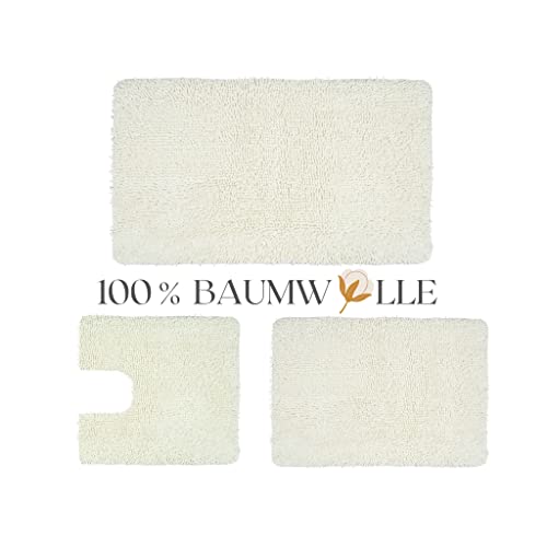 QOENIQ 3 teiliges 100% Baumwolle Badematte 120, 80 und 50 cm Badvorleger Badteppich rutschfest… (Weiss) von QOENIQ