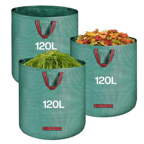 QOEOTUY Gartensack 3X 120L - Gartenabfallsack Stabi mit 4 Griffe - Wasserdicht & Faltbar & Wiederverwendbare - Laubsack selbststehend für Gartenabfälle Rasenschnitt Unkraut von QOEOTUY