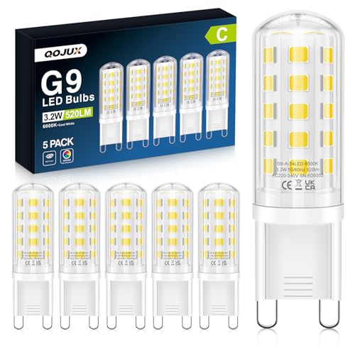 QOJUX G9 LED Kaltweiss 3.2W, 520LM Energieeffizienzklasse C LED Leuchtmittel Ersatz für 40W-50W Halogenlampe, 6000K G9 Glühbirne Kein Flackern, Nicht Dimmbar, Enegiesparende Kleine Birne 5er Pack von QOJUX