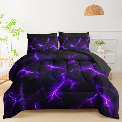 Purple Lighting 7-teiliges Bettdecken-Set, Queen-Size-Größe, beleuchtetes Bettwäsche-Set für Kinder, inklusive 1 Bettdecke, 1 Spannbetttuch, 1 Bettlaken, 2 bedruckte Kissenbezüge und 2 schwarze Purple Lighting 7-teiliges Bettdecken-Set, Queen-Size-Größe, beleuchtetes Bettwäsche-Set für Kinder, inklusive 1 Bettdecke, 1 Spannbetttuch, 1 Bettlaken, 2 bedruckte Kissenbezüge und 2 schwarze von QOOMO