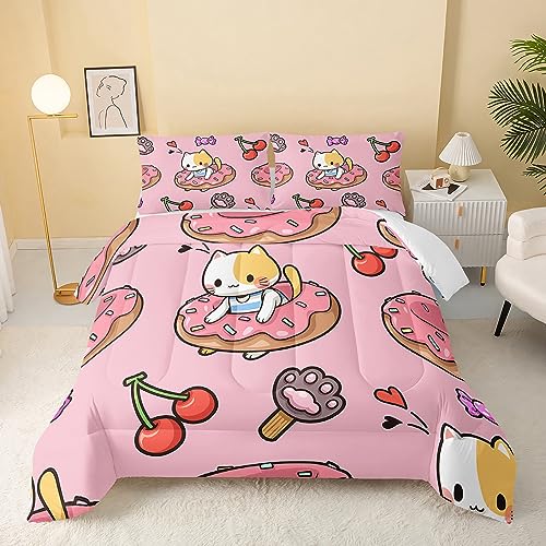 QOOMO Kawaii-Katzen-Bettdecke, Doppelgröße, Donut-Kirsch-Katzen-Set für Kinder, Teenager, Mädchen, 3-teiliges Bettwäsche-Set, weich und leicht (Rosa, Queen-Size) von QOOMO