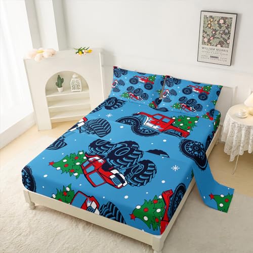 QOOMO Lkw-Bettwäsche-Set für Doppelbett, Kinder-Bettwäsche-Set, Weihnachtsbaum, LKW, ultraweich, ultraweich, Doppelbettgröße, 1 Spannbetttuch, 1 Bettlaken, 2 Kissenbezüge von QOOMO