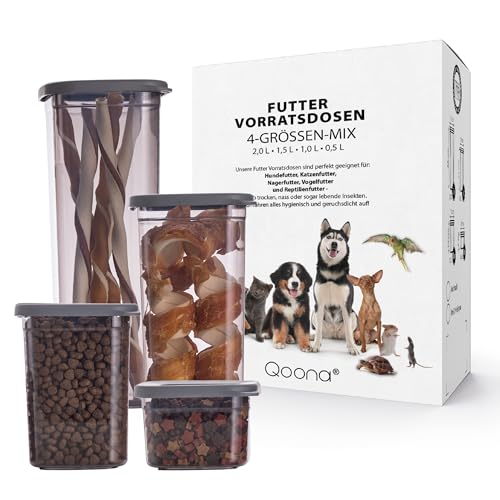 QOONA luftdichte Vorratsbehälter für Hundefutter & Katzenfutter [4er-Set] – stapelbar, platzsparend & BPA-frei – Futter Aufbewahrungsbox mit Deckel in Anthrazit | Futterdose Lebensmittelecht von QOONA
