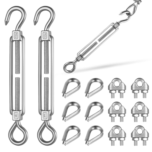 15 Seilspanner Spannschloss Set: 3 STK M6 Seilspanner Edelstahl Spannschloss Drahtspanner Spannschlösser,6 Drahtseilklemmen,6 Drahtseil Spanner Kauschen, für Garten Sonnensegel Spanner Zaunspanner von QOOSIKICC