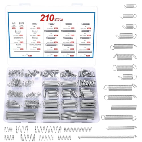 210 Stk Feder Zugfedern Sortiment Set, Druckfedern & Spannfeder Set, Spiralfedern Metallfeder Sprungfeder Spannfedern für Handwerkzeuge Geräte Auto Compression Springs(20 Größen) von QOOSIKICC