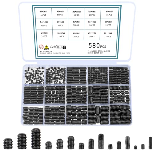 QOOSIKICC 580 Stück Madenschrauben Set, M3 M4 M5 M6 M8 Madenschrauben Sortiment Set, Innensechskant Gewindestifte Schrauben Kit, Kopflose Schraube Türgriff Schraube von QOOSIKICC