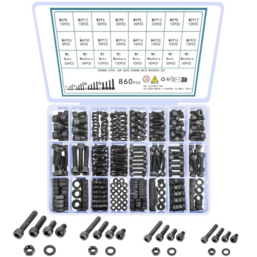 QOOSIKICC 860 Stk Innensechskant Zylinderschrauben mit Innensechskant Schrauben mit Muttern und Unterlegscheiben Set, M3 M4 M5 M6 Maschinenschrauben Set, Gewindeschrauben Sechskantschrauben von QOOSIKICC