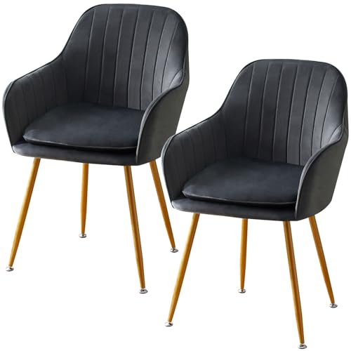 QOPIGFBN Esszimmerstühle 2er Set,Sitzfläche Aus Samt Polsterstuhl mit Armlehne,Polstersessel Stuhl mit Metallbeine,Küchenstühle,Wohnzimmerstühle für Esszimmer Wohnzimmer Küche (Black) von QOPIGFBN