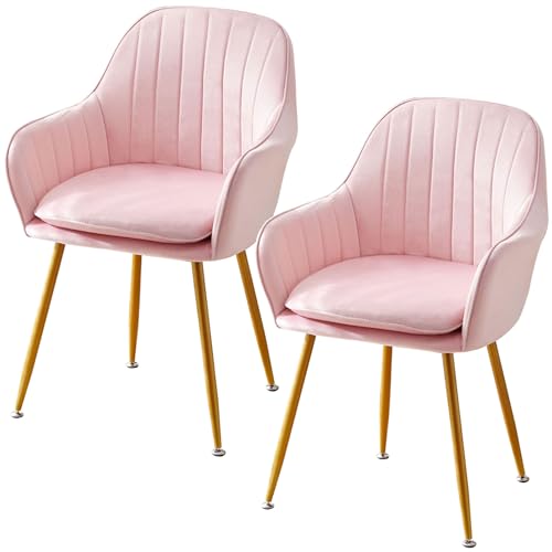 QOPIGFBN Esszimmerstühle 2er Set,Sitzfläche Aus Samt Polsterstuhl mit Armlehne,Polstersessel Stuhl mit Metallbeine,Küchenstühle,Wohnzimmerstühle für Esszimmer Wohnzimmer Küche (Pink) von QOPIGFBN