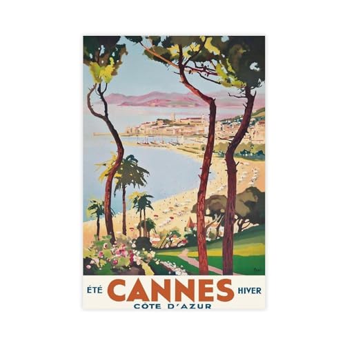 QOTOPGPG Leinwandposter Cannes Französische Riviera, Vintage-Stil, Wandkunst, Dekordruck, Bild Gemälde für Wohnzimmer, Schlafzimmer, Dekoration, 60 x 90 cm von QOTOPGPG