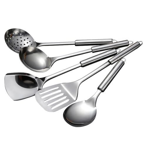 Edelstahl-Küchenhelfer-Set, Küchenutensilien, hitzebeständiges Edelstahllöffel, Spatel-Set enthält Suppenlöffel, Reislöffel, Soild Spatel, Schlitzspatel und Colande von QOTSTEOS