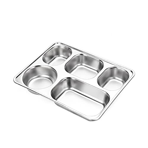 QOTSTEOS Edelstahl-Tablett mit geteilten Tellern, 5 Fächern, rechteckig, geteilt, für Erwachsene, Kinder, kompakte Servierplatte aus Metall, Essensnack, Camping-Gerichte von QOTSTEOS