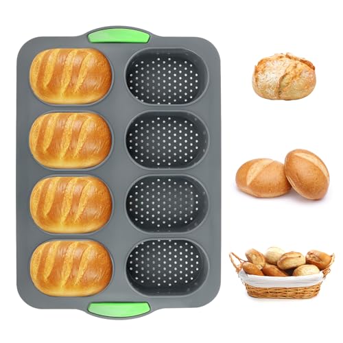 QOUBNIC Mini Baguette Backblech, Brötchen Backform Brot-Silikon-Backform, 8 Brötche Backforms Brötchen aus Silikon zum Backen von Baguetteblechen von QOUBNIC