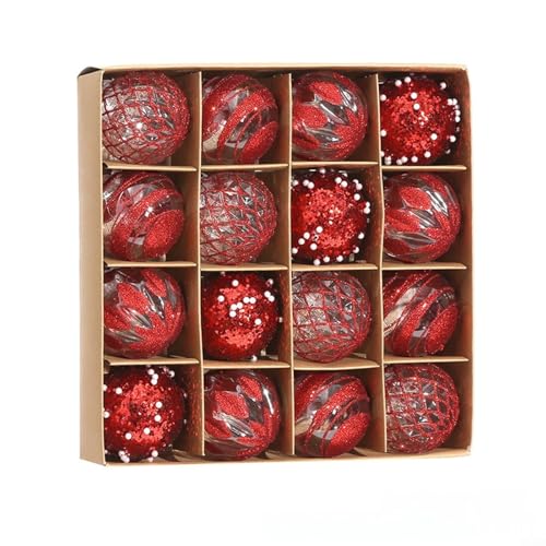 16-teiliges Weihnachtsbaumkugel-Set aus leichtem PET-Material für langlebige Urlaubsdekorationen mit handbemalten Oberflächen und metallischen Beschichtungsakzenten (rot) von QOXEZY