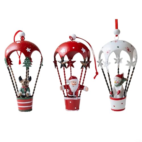 3 Stück nordische Heißluftballon-Weihnachtsbaumschmuck, Schmiedeeisen, Urlaubsdekorationen mit Weihnachtsmann, Schneemann, Elch, Charakteren, rotes Band, hängende festliche Heimdekoration 3 Stück nordische Heißluftballon-Weihnachtsbaumschmuck, Schmiedeeisen, Urlaubsdekorationen mit Weihnachtsmann, Schneemann, Elch, Charakteren, rotes Band, hängende festliche Heimdekoration von QOXEZY