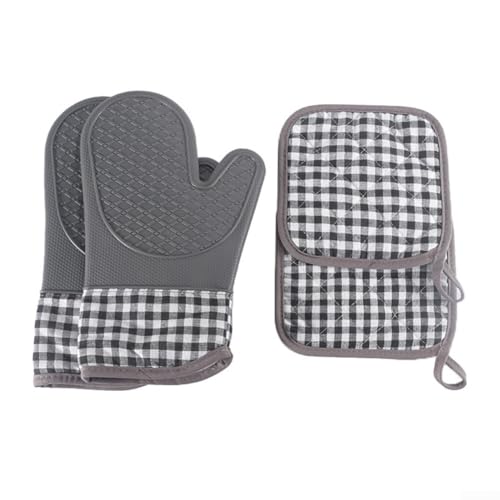 4 Stück hitzebeständige Silikon-Ofenhandschuhe und Topflappen mit Baumwollfutter für die Küche, sicherer Schutz beim Umgang mit heißen Töpfen und Pfannen (grau) von QOXEZY