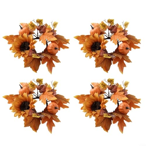 Dekorativer Kerzenringkranz mit Ahornblatt, Kürbis und Sonnenblume für den Herbst, zur Verbesserung der festlichen Atmosphäre und Tischdekoration (2) von QOXEZY