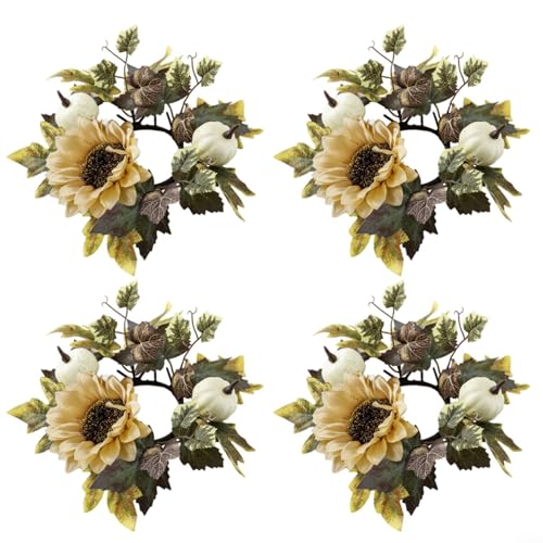 Dekorativer Kerzenringkranz mit Ahornblatt, Kürbis und Sonnenblume für den Herbst, zur Verbesserung der festlichen Atmosphäre und Tischdekoration (4) von QOXEZY