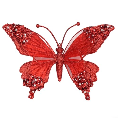 Dekoratives großes Schmetterlings-Ornament mit Glitzer und Strasssteinen, geeignet für Weihnachten für Baum und Feiertage, saisonale Dekoration (rot) von QOXEZY