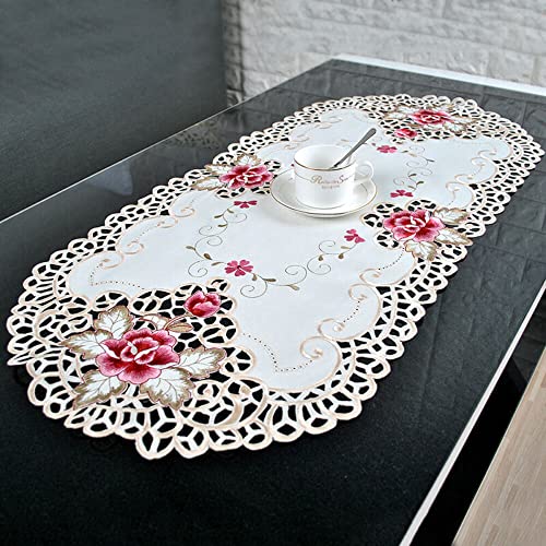 QOXEZY Weiße ovale bestickte Spitzen-Tischdecke, Vintage-Deckchen, florales Tischtuch für Date, Hochzeit, Party, Heimdekoration, französisches Landhaus-Thema von QOXEZY