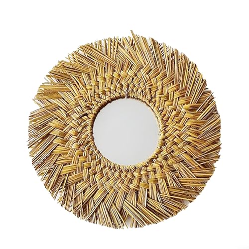 Runder Hängespiegel mit elegantem Strohseilrand für trendiges Wohn-Styling (Gold) von QOXEZY