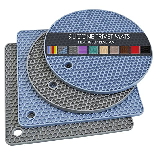 Silikon-Untersetzer, Silikon-Topflappen für heiße Pfannen und Topfpads Hitzebeständige Thekenmatten für Tische, Arbeitsplatten, 4 Stück, Grau & Blau (2 quadratische + 2 runde Matten) von QPIX DIGITAL
