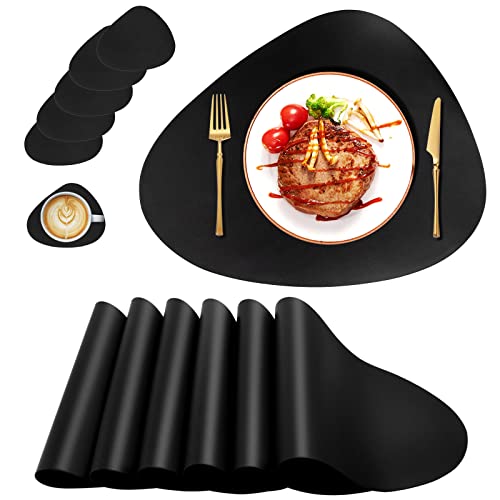 Tischsets 6er Set, Kunstleder Tischsets mit Untersetzer, schwarze Tischsets, 6er Set, hitzefleckenabweisend, kratzfest, wasserdicht, waschbar, abwischbar, Platzsets für Esszimmer, Terrasse, Tisch, von QPIX DIGITAL