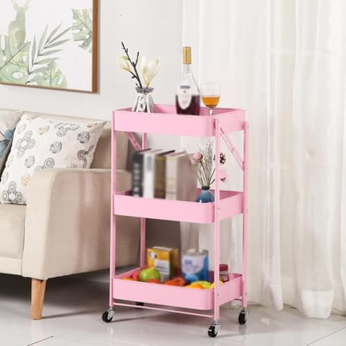 QPKZ 3-stufiges faltbares Metallküchenrollwagen-Aufbewahrungsgestell mit Rädern, bodenstehendes Küchen-Gemüse-Aufbewahrungs-Korbregal mit Rad, rollendes Aufbewahrungsgestell Pink von QPKZ