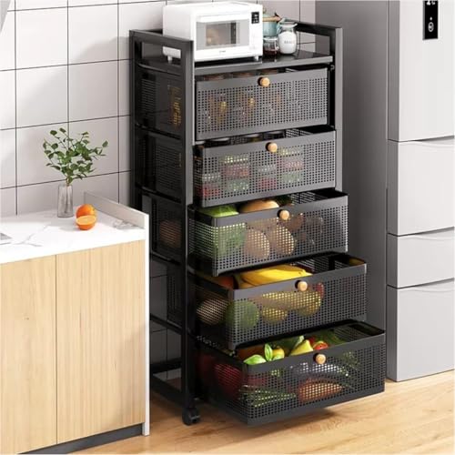 QPKZ 6-stufiges Metall-Küchenrollwagen-Aufbewahrungsgestell mit Rädern, Küchenlagerung mit Schubladen, Robustes Bodenstehendes Küchenfrucht- und Gemüseaufbewahrungskorbregal Black QPKZ 6-stufiges Metall-Küchenrollwagen-Aufbewahrungsgestell mit Rädern, Küchenlagerung mit Schubladen, Robustes Bodenstehendes Küchenfrucht- und Gemüseaufbewahrungskorbregal Black von QPKZ