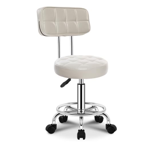 QPKZ Rollender Stuhl PU Leder Round Stuhlstuhl Mit Rädern Mit Fußstütze, Höhe Verstellbarer Hocker Mit Rückenlehne Für Salon Medical Spa Center, Ultra Weichpolstere Sitzk White von QPKZ