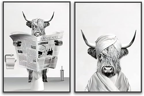 QPLGTU Badezimmer Haus Hintergrund Wanddekoration Poster, Schwarz und weiß Hochland Vieh Tier Dekoration Fotos Tapete, lustige Tier Druck Poster, Rahmenlos (Hochlandrinder 1, 30x40cm*2) von QPLGTU