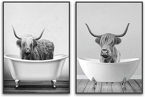 QPLGTU Badezimmer Haus Hintergrund Wanddekoration Poster, Schwarz und weiß Hochland Vieh Tier Dekoration Fotos Tapete, lustige Tier Druck Poster, Rahmenlos (Hochlandrinder 2, 30x40cm*2) von QPLGTU