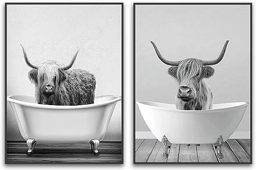 QPLGTU Badezimmer Haus Hintergrund Wanddekoration Poster, Schwarz und weiß Hochland Vieh Tier Dekoration Fotos Tapete, lustige Tier Druck Poster, Rahmenlos (Hochlandrinder 2, 60x90cm*2) von QPLGTU
