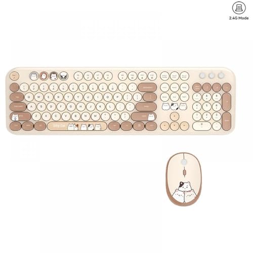 QPSJXN Nute Cat Retro Round Keycaps 104 WLAN -Tastatur -Maus -Kombination mit Stiller Maus für Windows 7 8 10 XP Ergonomisches 2,4G -Design(Beige) von QPSJXN