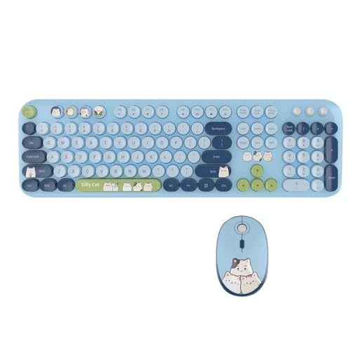 QPSJXN Nute Cat Retro Round Keycaps 104 WLAN -Tastatur -Maus -Kombination mit Stiller Maus für Windows 7 8 10 XP Ergonomisches 2,4G -Design(Blue) von QPSJXN
