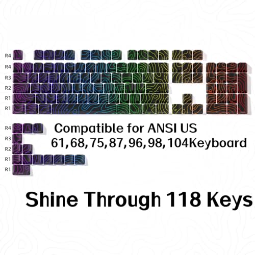 QPSJXN Topographic Keycap Set OEM-Profil IMD-Technologie Shine-Through Design Side gedruckt 61/118(Black 118 Keys) von QPSJXN