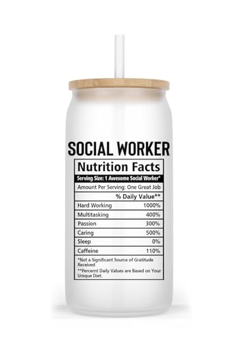 QPTADesignGift Trinkglas mit Aufschrift "Social Worker Nutrition Facts", lustige Sozialarbeiterin, Milchglasdose, Geschenk, Sozialarbeiter-Tasse, Geschenk zum Geburtstag, Jahrestag, Geschenk für von QPTADesignGift