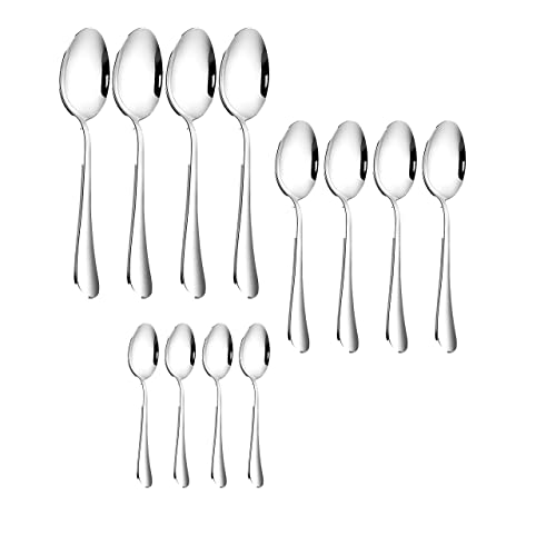 12-teiliges Edelstahl 304 Löffel Set 3 Verschiedene Größen Suppenlöffel Dessertlöffel Teelöffel,4 Große 18cm,4 Mittel 17cm,4 Kleine12cm Größen Rührlöffel für Mahlzeit Suppen Dessert Müsli Kaffee Tee von QQ CAT