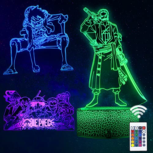 One Piece Luffy 3d Illusion Lampe Luffy Sanji Zoro Nami Nachtlicht Kinder Touch Mit Fernbedienungnachttischlampe, ​roronoa Zoro Anime Merch Led Chreibtischlamp Gadget Weihnachtsgeschenke 3 In 1 von QQAAMZ