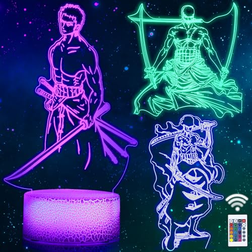 QQAAMZ One Piece Roronoa Zoro Lampe 3d Illusion Zoro Nachtlicht Kinder Touch Mit Fernbedienungnachttischlampe, ​anime Merch Luffy Led Chreibtischlamp Gadget Weihnachtsgeschenke 3 In 1 von QQAAMZ