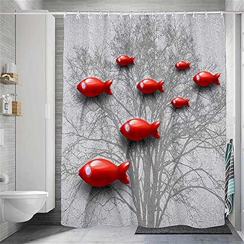 Duschvorhang, Anti-Schimmel Roter Fisch Großer Baum Wasserabweisend Waschbar Duschvorhäng Polyester Badvorhang 180 x 200 cm von QQFENG