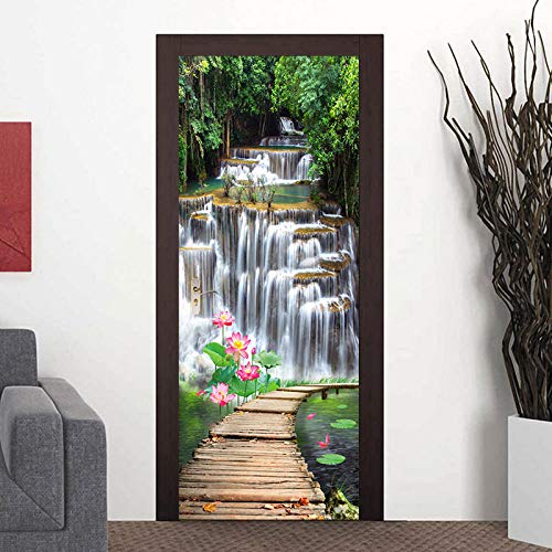 Fototapete Türtapete Selbstklebend Türposter Chinesische Wasserfall-Lotus-Holzbrücke 3D-Studie Türfolie Poster Türaufkleber für Tür, Wohnzimmer, Schlafzimmer, Küche und Bad 77X200cm von QQFENG