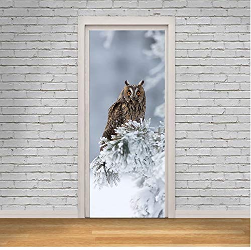 Türaufkleber TürPoster Selbstklebend Wandbild Schnee-Zweig-Eule Abnehmbar Wandtapete PVC Wasserdichte Wallpaper 90*200cm von QQFENG