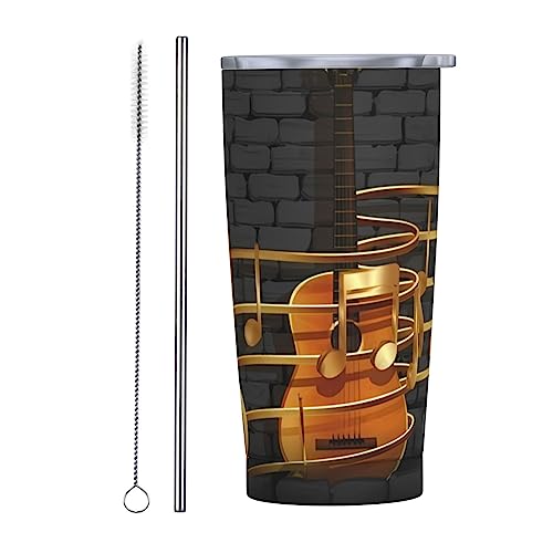 QQIAEJIA 590 ml Reise-Kaffeebecher Note Gitarre isolierter Becher mit Deckel und Strohhalmen wiederverwendbare Edelstahl-Wasserflasche Reise-Kaffeetassen Tumbler für Damen und Herren von QQIAEJIA