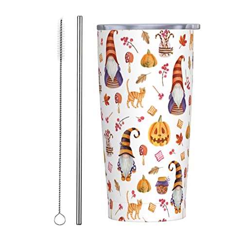 QQIAEJIA Isolierter Becher Herbst Blatt Zwerge Kürbis Halloween 590 ml mit Deckel und Strohhalm Edelstahl Vakuumbecher Kaffee Wasser Auslaufsicher Reisebecher für Zuhause Büro Schule von QQIAEJIA